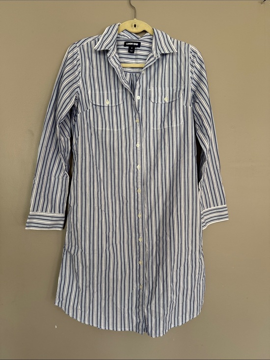 Lands' End Dresses & Skirts - Lands' End Blue and White Striped Long Button-Front Shirt Dress